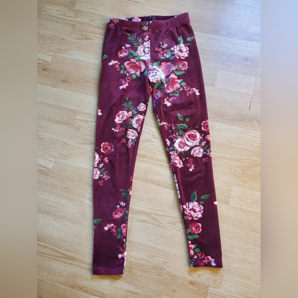 Maroon Velvet Rose Print Leggings, Girls' size M, 7-9